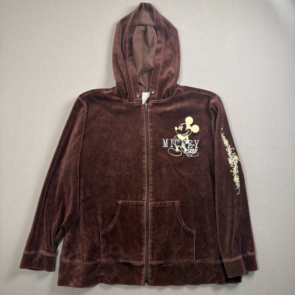 Vtg Disney Mickey Mouse Hoodie Velour Womens Full Zip Size 1X Brown‎ Y2K